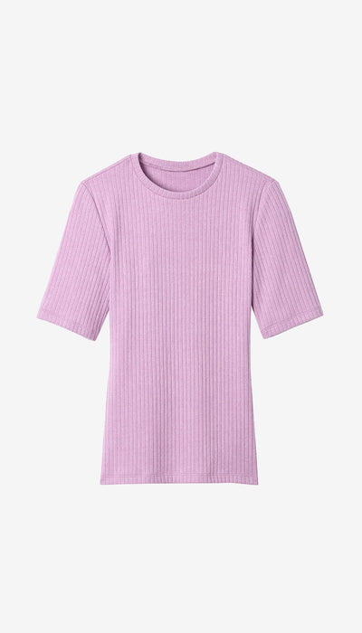 Purple ribbed t-shirt on a white background
