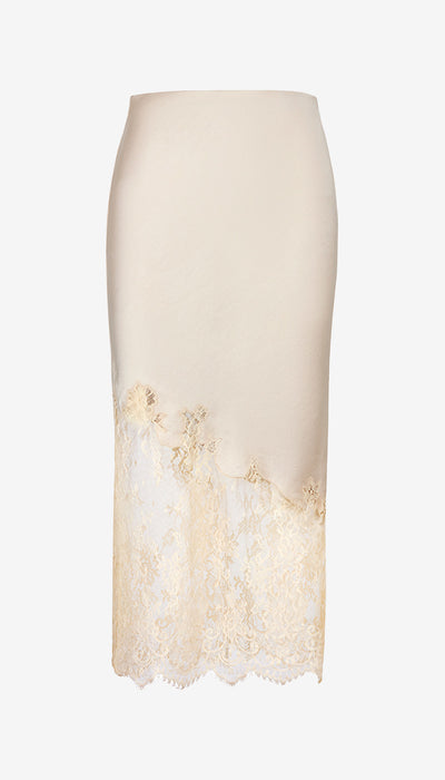 Beige skirt with lace detailing on a white background