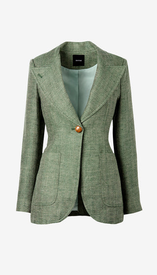 Green blazer with a single button on a white background