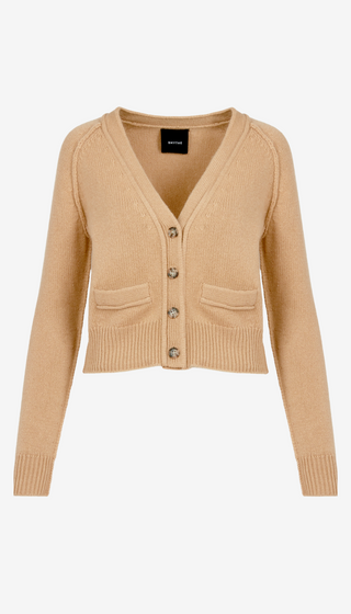 Beige cardigan with button details on a white background