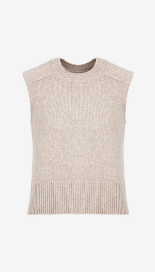 Beige sleeveless knit top on a white background