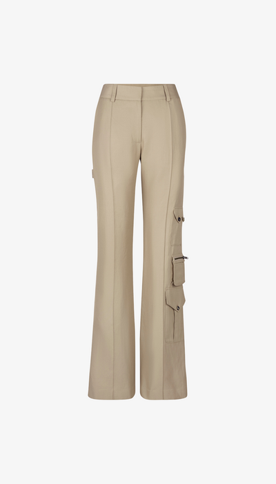 Beige cargo pants on a white background