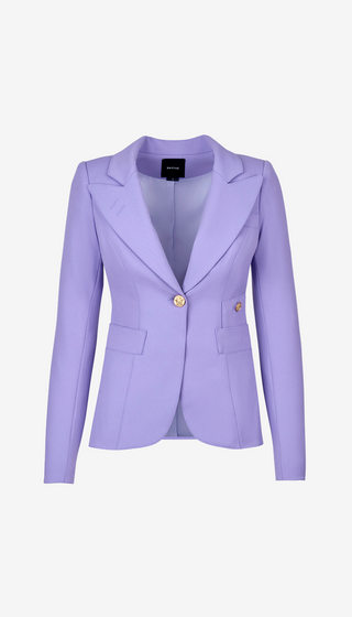Lavender blazer with gold buttons on a white background