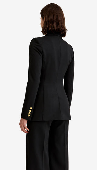 Black suit with gold buttons on a white background