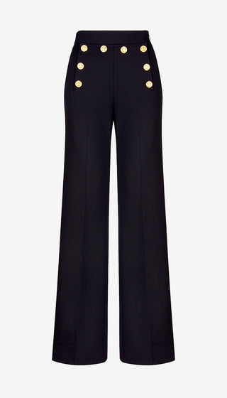 Black pants with gold buttons on a white background