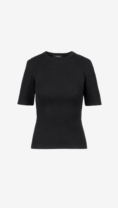 Black ribbed knit t-shirt on a white background