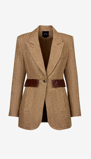 Brown blazer with leather accents on a white background