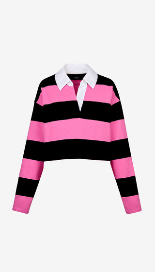 Pink and black striped sweater with white collar on a light gray background
