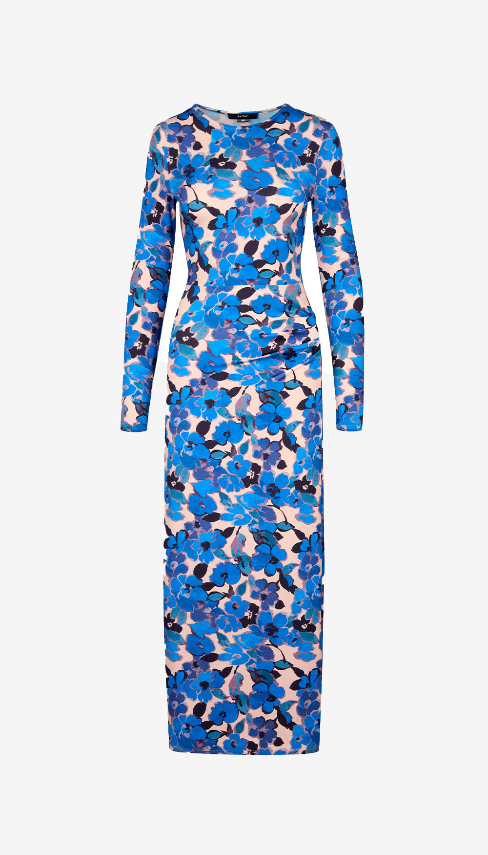 Ruched Crewneck Midi Dress in Blush/Blue