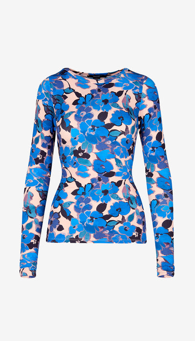 Long-sleeve shirt with blue floral pattern on a white background