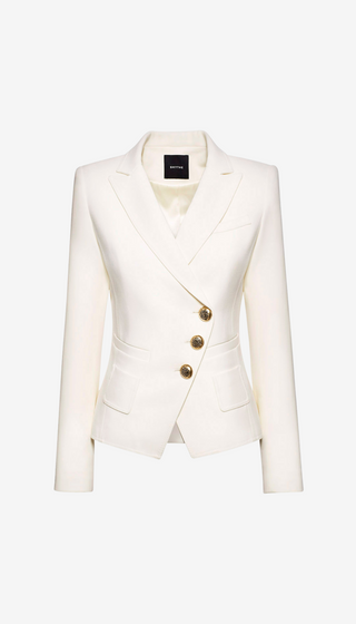 White blazer with gold buttons on a white background