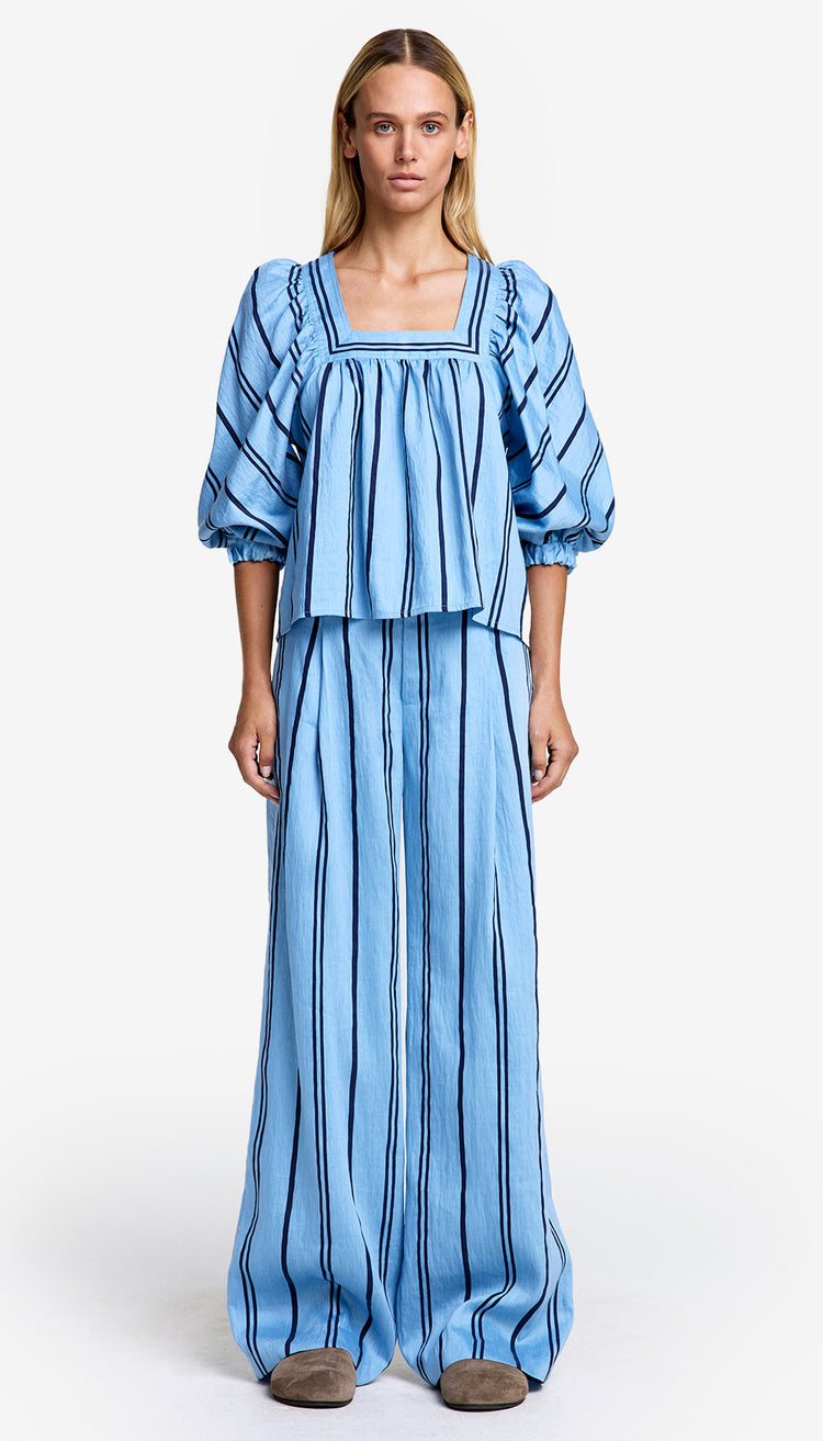 Green and Blue Striped Pleated Trousers