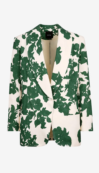 Green floral patterned blazer on a white background