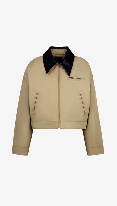 Beige jacket with black collar on a white background