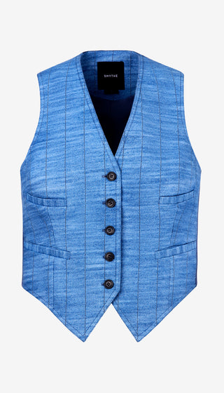 Blue checkered vest with black buttons on a white background