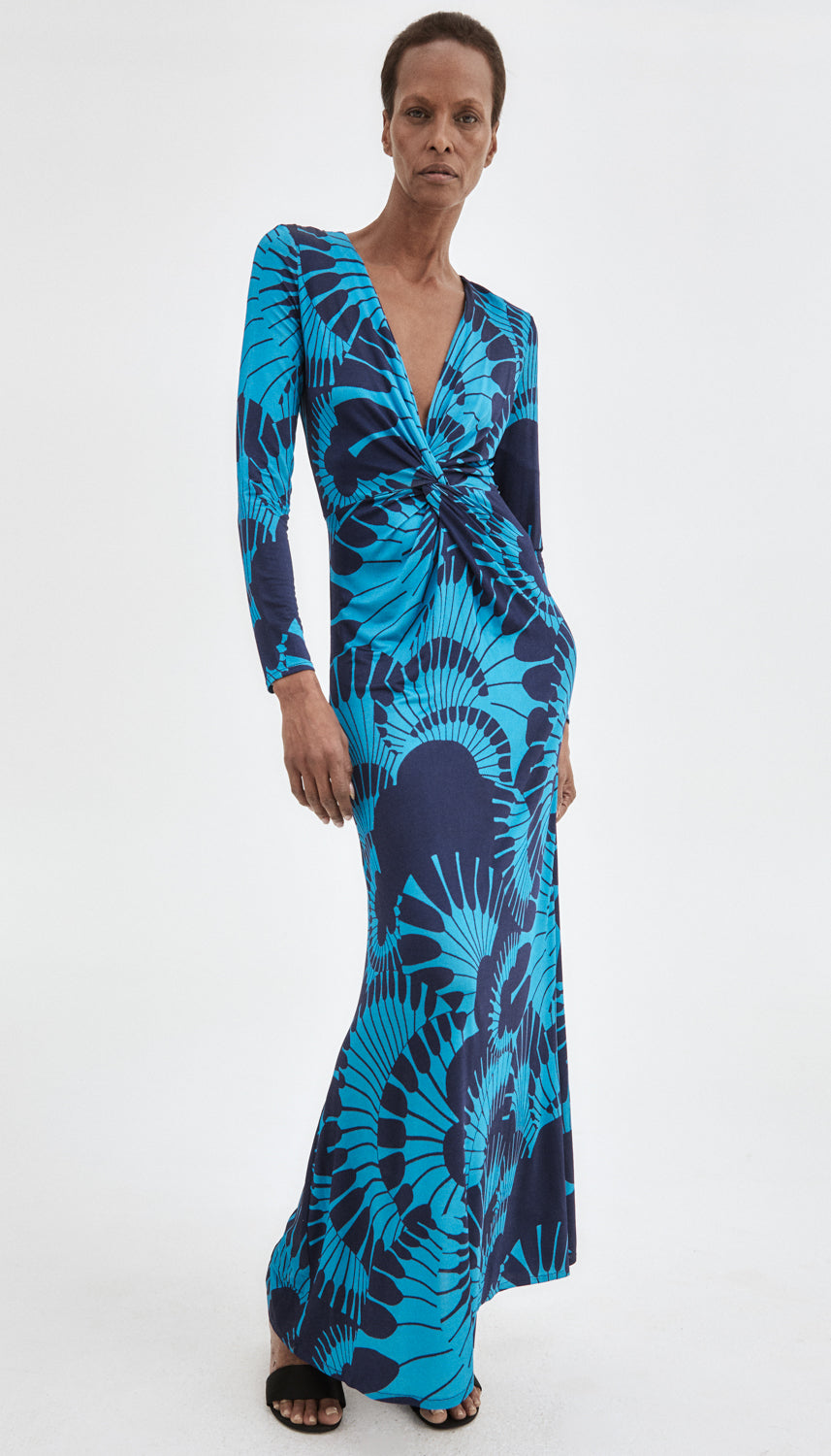 maxi dress with knot at bottom Waist Knot Dress in Navy Graphic
