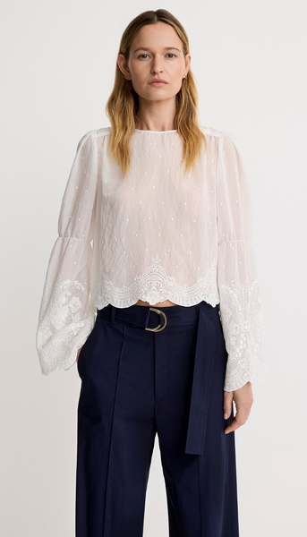 Embroidered Bell Sleeve Blouse in White | SMYTHE