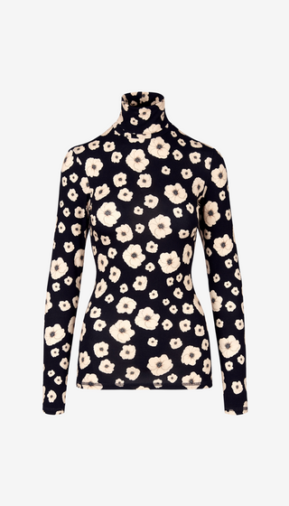 Navy blue turtleneck sweater with beige floral pattern on a white background