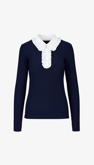 Navy sweater with white ruffled collar on a white background