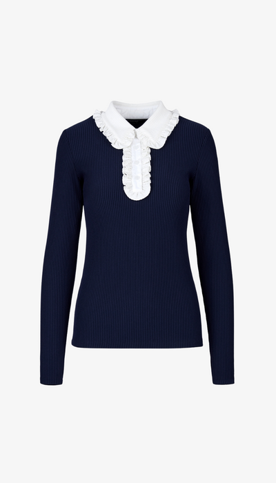 Navy sweater with white ruffled collar on a white background