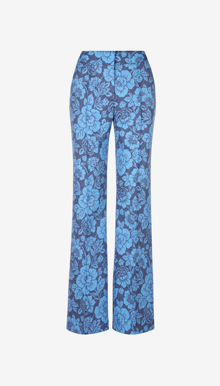 Blue floral-patterned pants on a white background