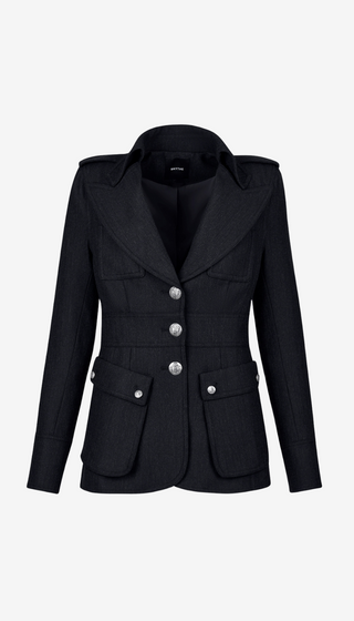 Black jacket with silver buttons on a white background