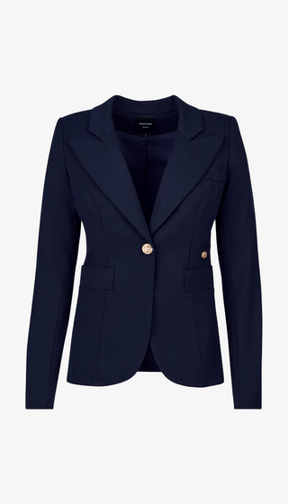 Navy blazer with a gold button on a white background