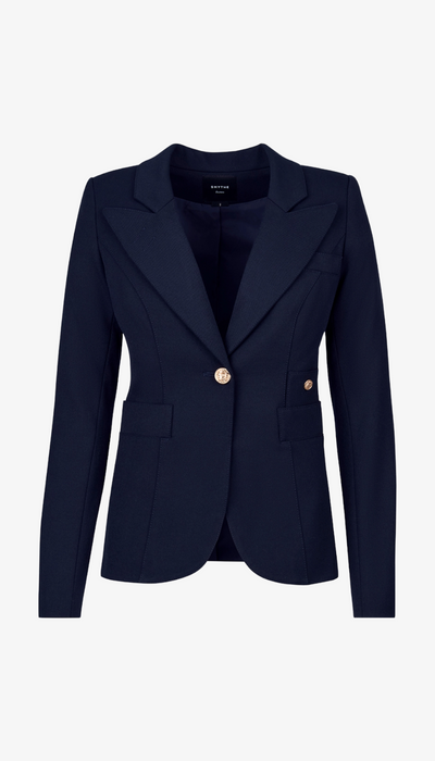 Navy blazer with a gold button on a white background
