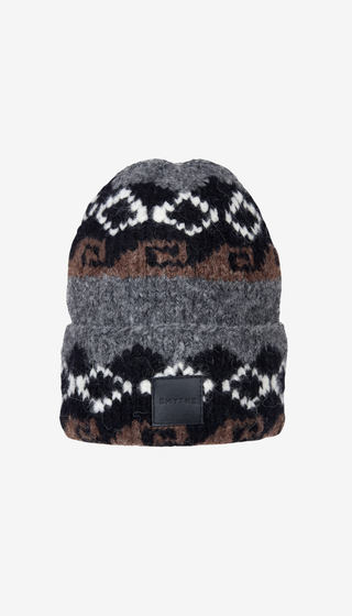 Gray knit beanie with patterned design on a white background
