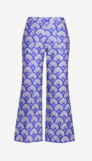 Purple and white patterned pants on a white background