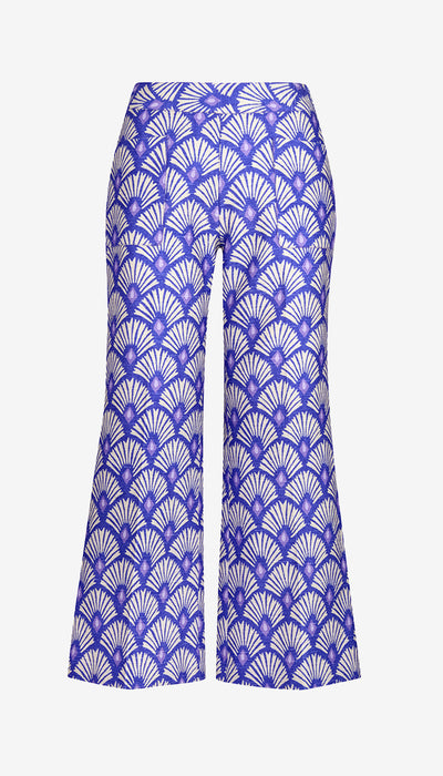 Purple and white patterned pants on a white background
