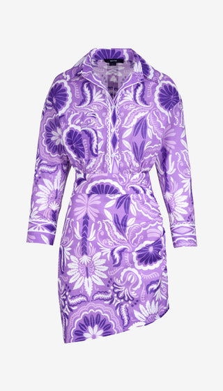 Purple floral patterned shirt dress on a white background