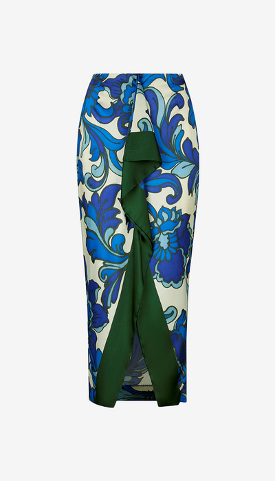 Skirt with blue floral pattern and green tie on a white background