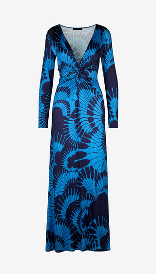 Blue and black patterned dress on a white background