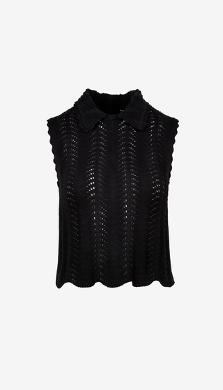 Black sleeveless top with textured pattern on a white background
