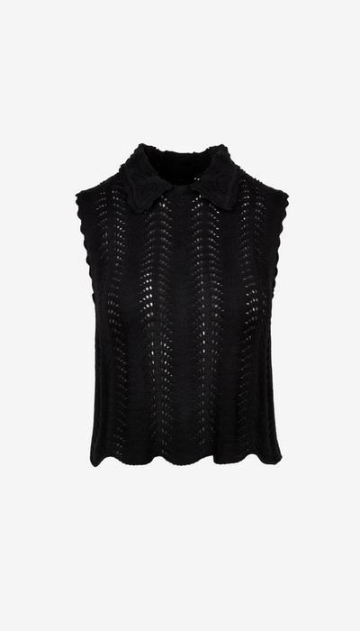 Black sleeveless top with textured pattern on a white background