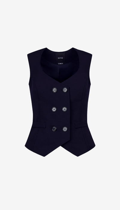 Navy blue vest with button details on a white background
