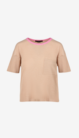 Beige sweater with pink trim on a white background