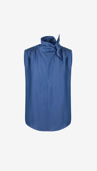 Blue sleeveless blouse with a bow detail on a white background