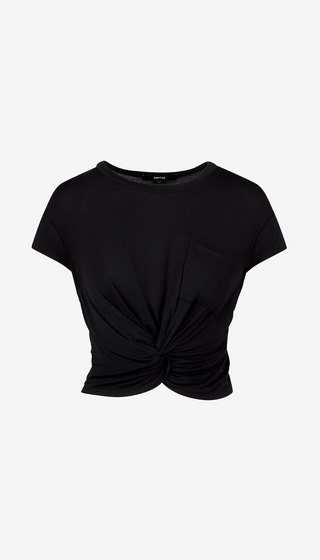 Black t-shirt with a knot detail on a white background