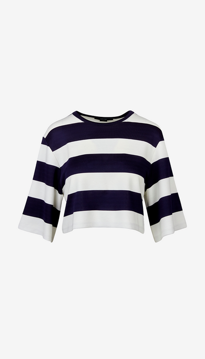 Navy and white striped sweater on a white background