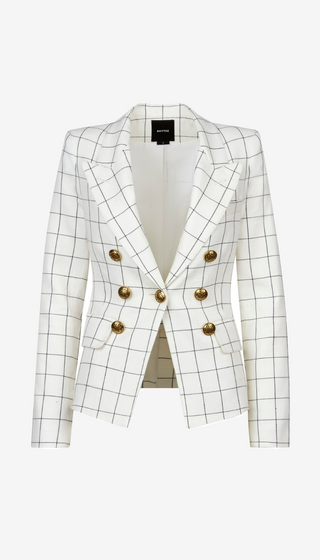 White checkered blazer with gold buttons on a white background