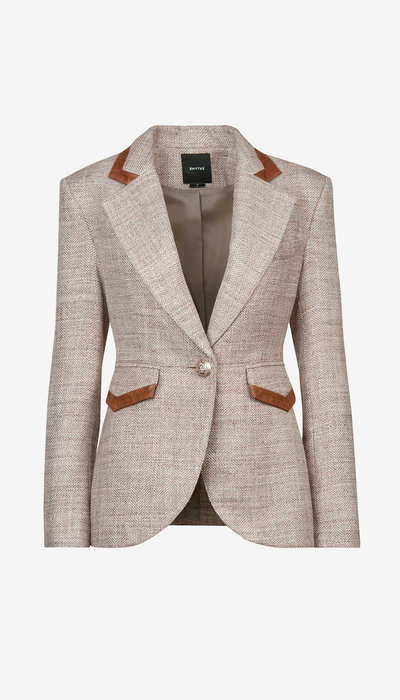 Beige blazer with brown accents on a white background
