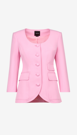 Pink blazer with button details on a white background