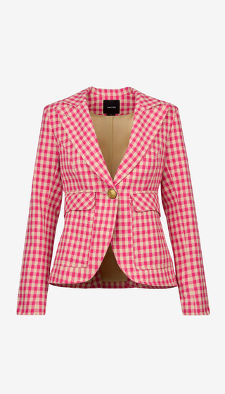 Pink and white checkered blazer on a light gray background