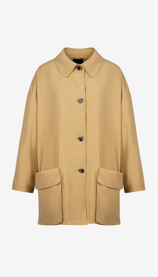 Beige coat with button details on a white background