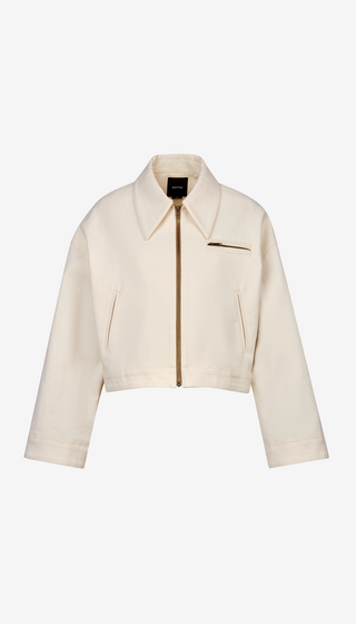 Beige jacket with a brand logo on a white background