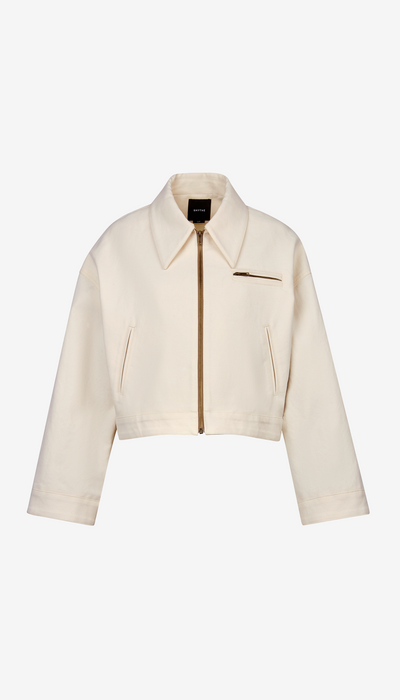 Beige jacket with a brand logo on a white background