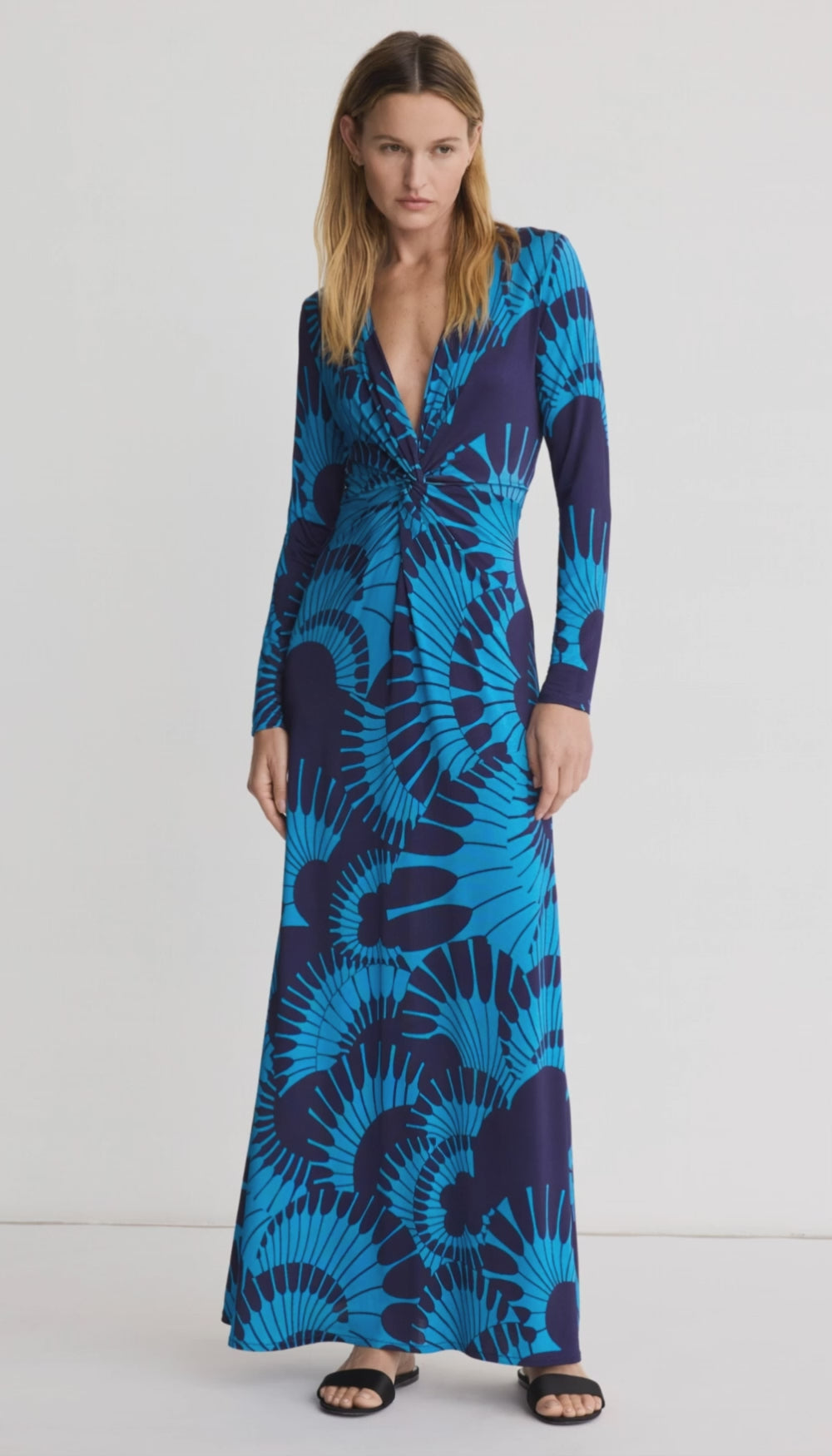 waist knot midi dress Waist Knot Dress in Navy Graphic