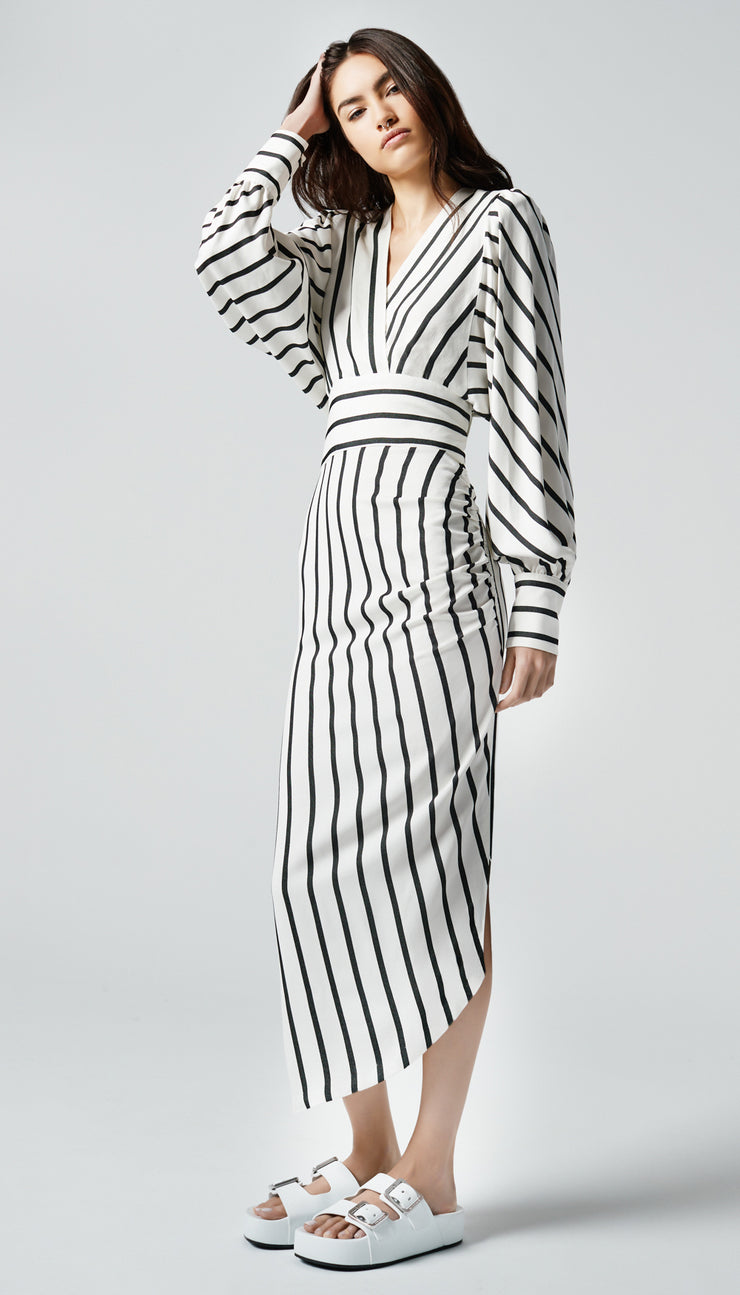 SMYTHE Draped Midi Dress in White Black Stripe – SMYTHE-US